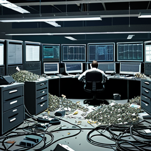 Home 15 "A chaotic, dimly lit business 'warehouse' overrun by digital 'rats' gnawing on tangled server cables and corrupted data files. Disgruntled business executives are surrounded by piles of inaccurate customer information, staring at broken charts and screens displaying financial leaks and missed opportunities. The scene should evoke a sense of hidden waste, frustration, and the silent, destructive impact of poor data quality on business resources and decision-making. Cinematic, realistic digital art, high detail, somber tones, emphasizing internal chaos and loss."