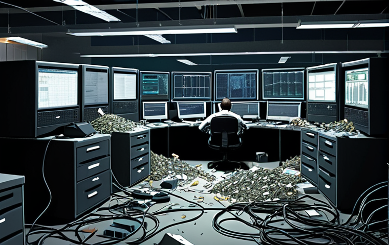 "A chaotic, dimly lit business 'warehouse' overrun by digital 'rats' gnawing on tangled server cables and corrupted data files. Disgruntled business executives are surrounded by piles of inaccurate customer information, staring at broken charts and screens displaying financial leaks and missed opportunities. The scene should evoke a sense of hidden waste, frustration, and the silent, destructive impact of poor data quality on business resources and decision-making. Cinematic, realistic digital art, high detail, somber tones, emphasizing internal chaos and loss."