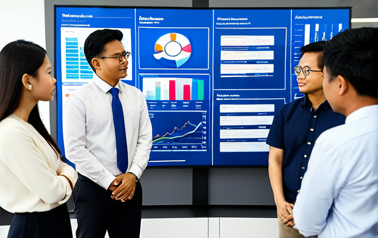 A diverse group of professional Malaysian data analysts and business strategists, fully clothed in modern business attire, collaborating around a large interactive holographic display showcasing complex customer data visualizations. The display projects intricate patterns of purchasing behavior, market trends, and AI-driven insights, with subtle Malaysian design elements in the modern, well-lit office environment. They are in natural poses, demonstrating perfect anatomy and correct proportions. The image should convey innovation and strategic decision-making through data analysis, suitable for professional photography, high quality, safe for work, appropriate content, modest, family-friendly.