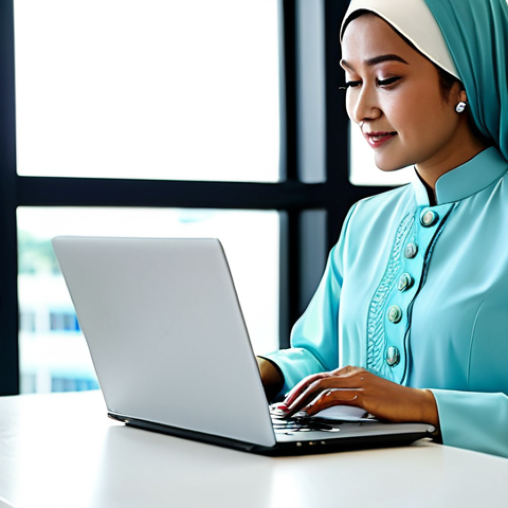 고객 데이터 분석의 전략적 가치 - **
"A professional businesswoman in a modest baju kurung, working on a laptop at a bright, modern c...