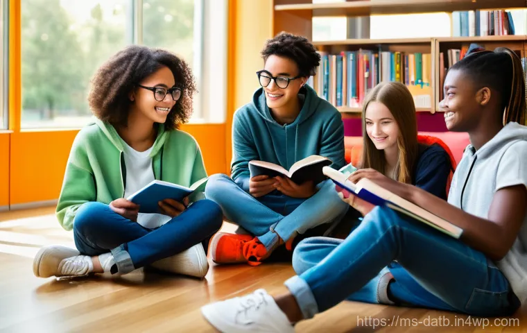 고객 데이터 분석을 위한 SQL 활용법 - **Prompt:** A diverse group of five teenagers, aged around 15, sitting comfortably on beanbags in a ...