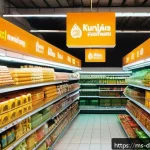Home 16 고객 데이터 분석의 심화 과정 - A modern Malaysian grocery store interior during festive season, shelves fully stocked with popular ...